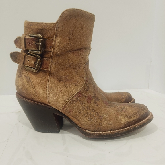 Lucchese Shoes - LUCCHESE “Catalina”- Brown Floral‎ Distressed Ankle Boots Dual Brass Buckle 6.5B